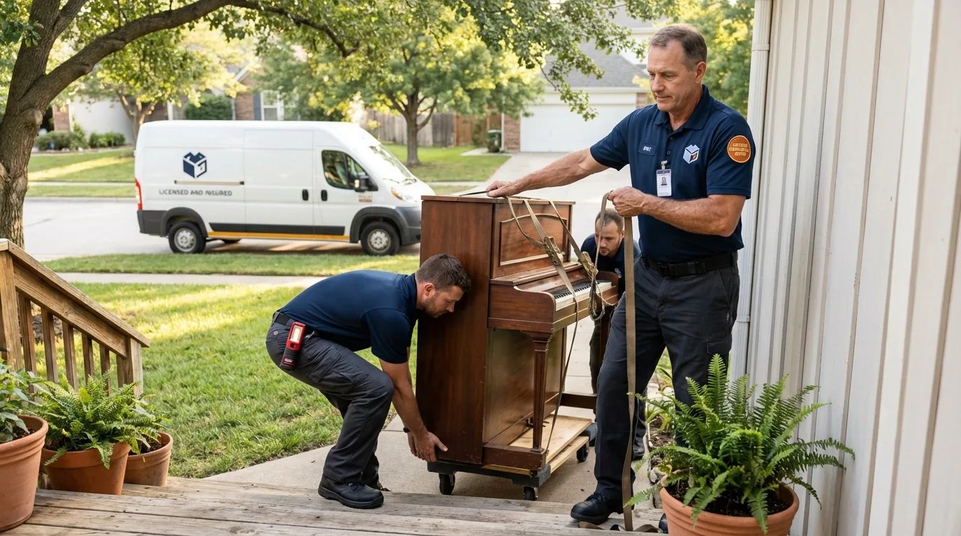 Licensed piano movers securing grand piano in Granby, MA