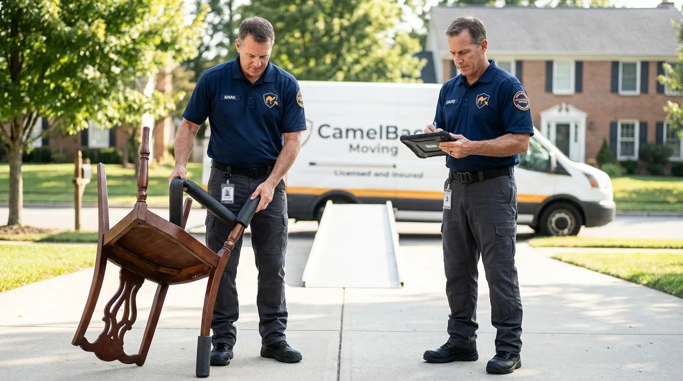 Movers inspecting furniture for damage prevention before loading in Granby, MA