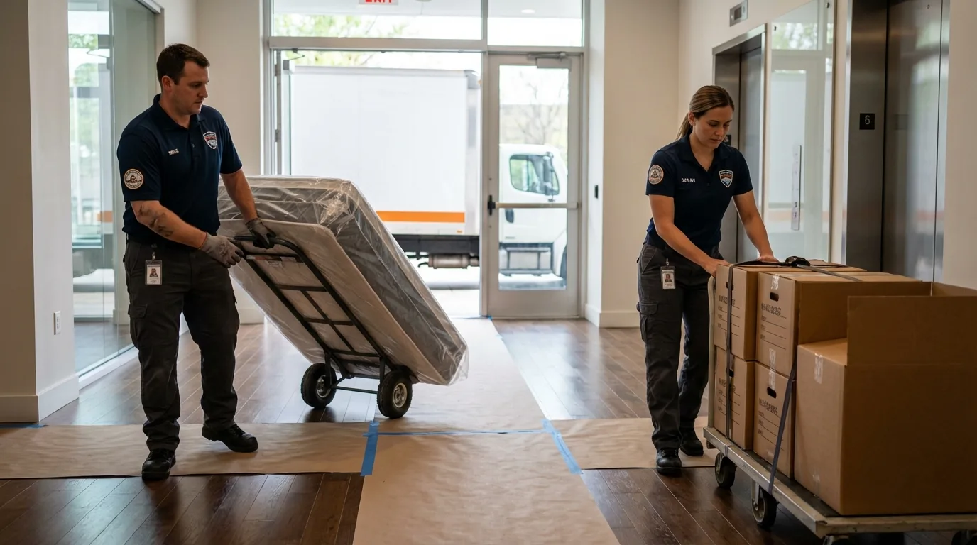 Professional apartment movers loading elevator in Granby, MA