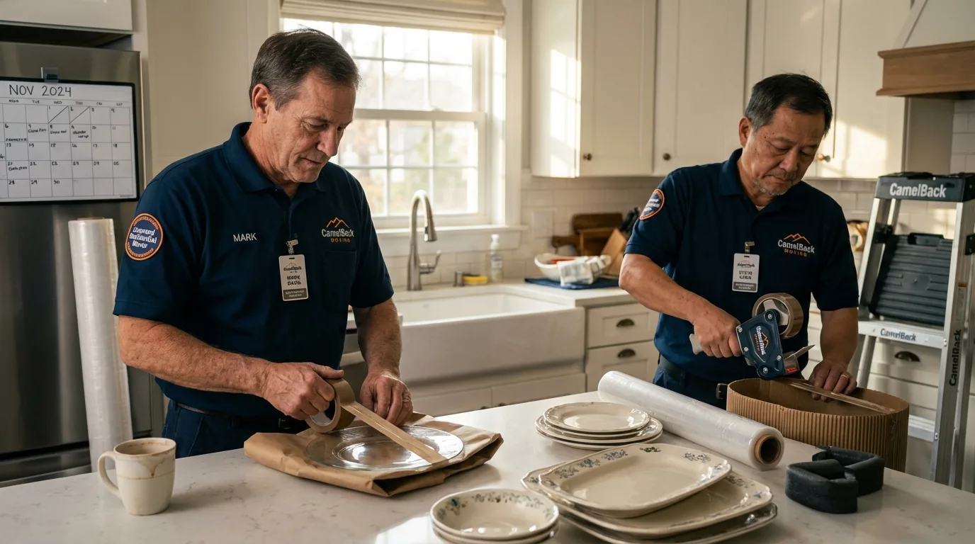 Professional crew packing kitchen dishware in Granby, MA